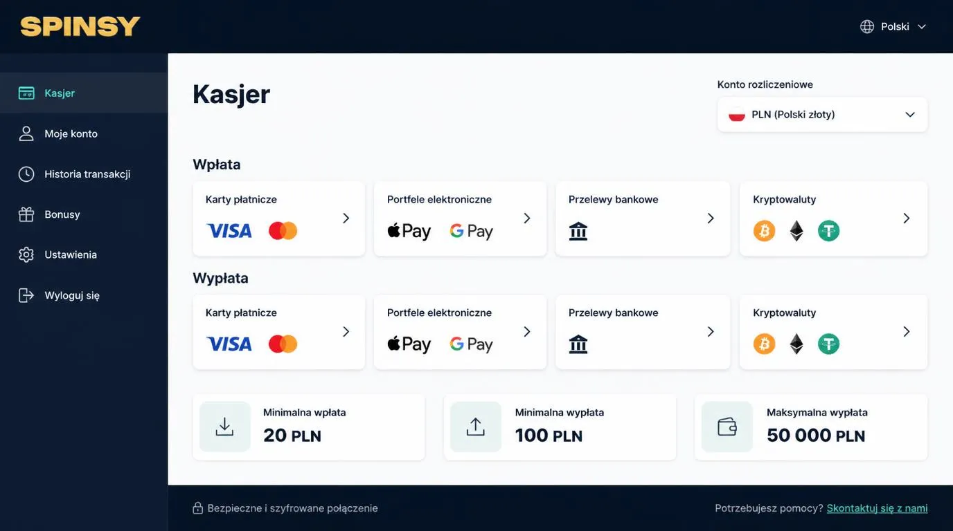 Panel kasy z saldem w PLN, wyborem kart, portfeli i kryptowalut oraz progami wpłaty i wypłaty
