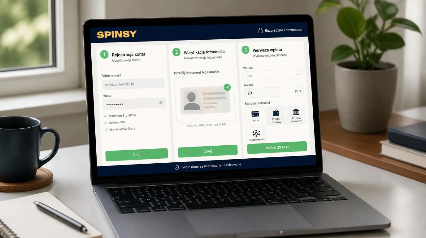 Panel rejestracji konta, przesyłania dokumentów KYC i pierwszej wpłaty w PLN na ekranie laptopa