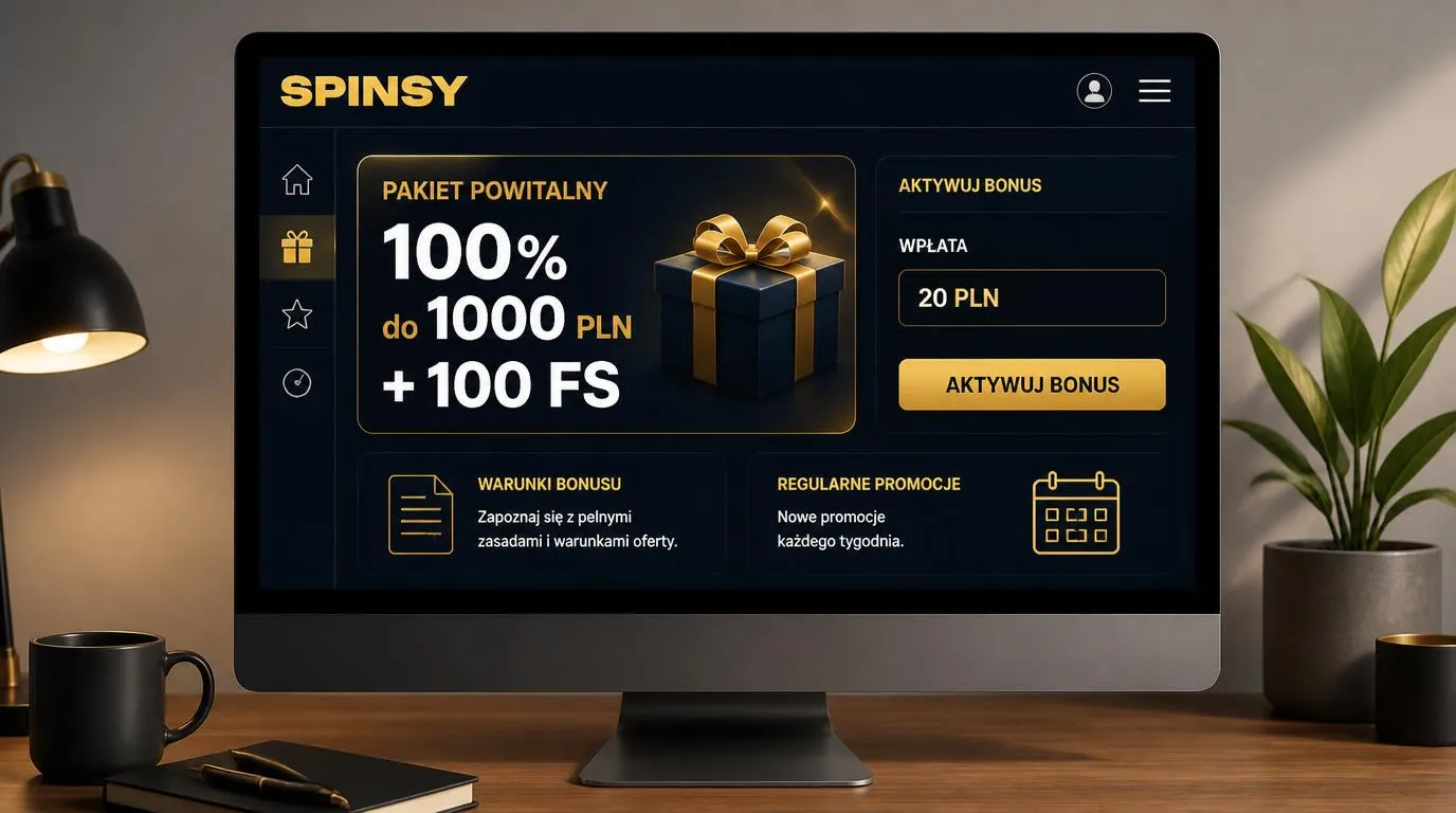 Panel bonusu powitalnego 100% do 1000 PLN i 100 FS obok pola depozytu 20 PLN