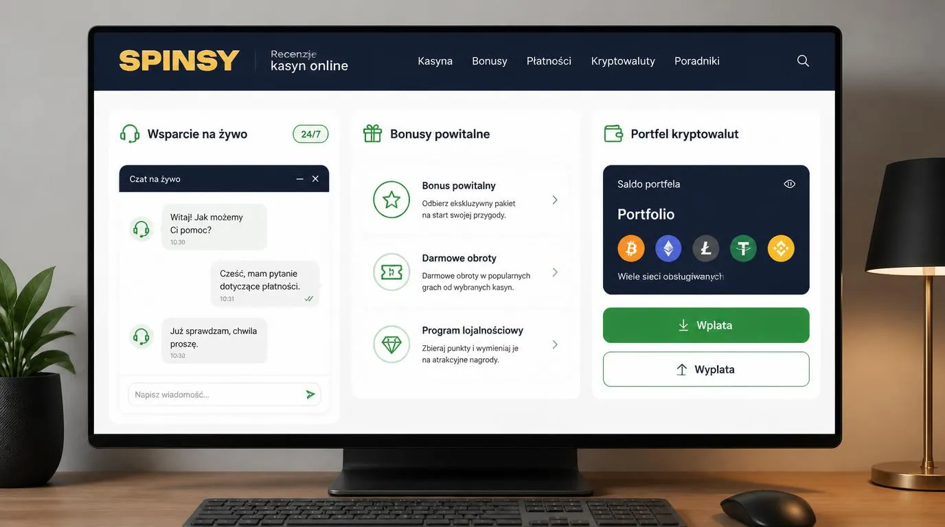 Panel kasyna z czatem 24/7, kartami bonusów oraz przyciskami wpłat i wypłat w kryptowalutach